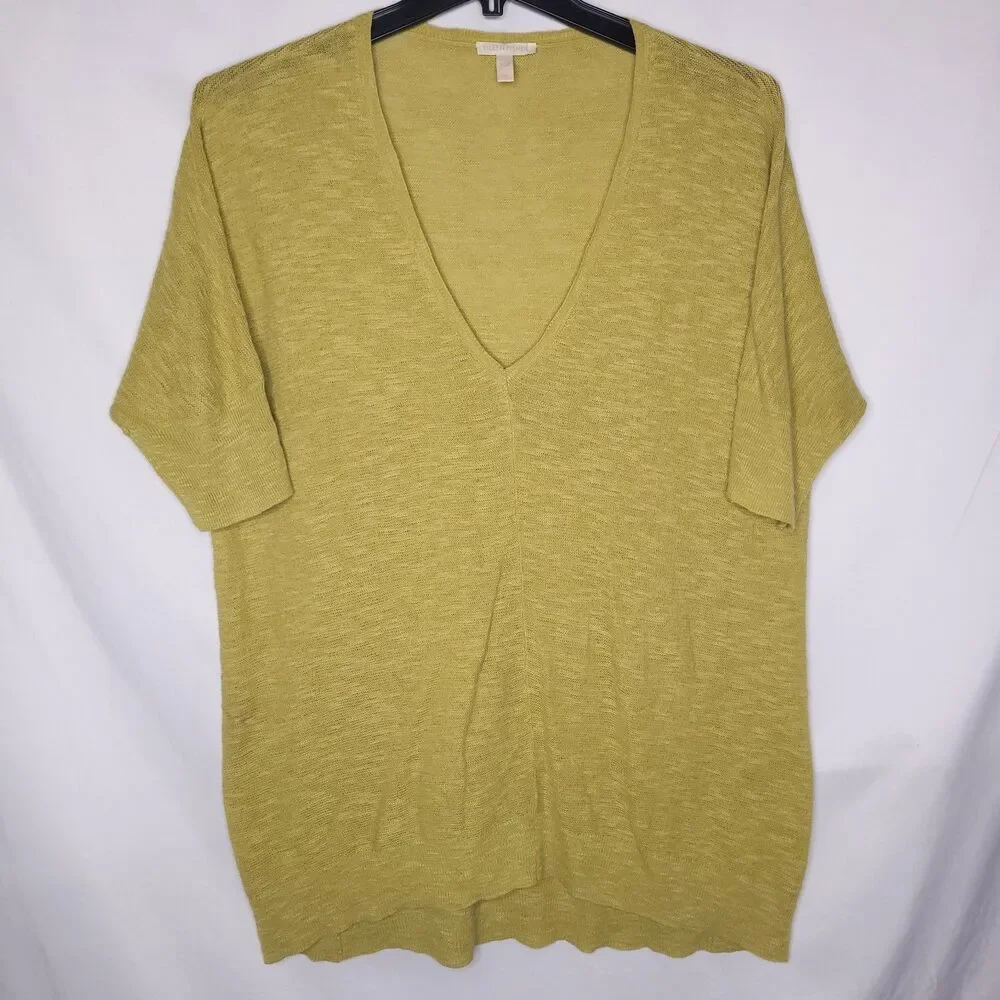Eileen Fisher Sweater Large Green Organic Linen/Cotton V Neck